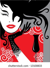 vector woman in red drinking cocktail in the pub