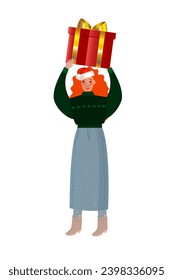 Vector woman in red  Santa hat with big present. Great  Christmas and New Year character for family celebration, new year party concept.