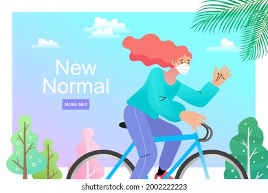 Vector Woman Riding A Bike Bicycle Wearing Protective Face Mask During Covid-19 Coronavirus Pandemic. People Doing Activity Outside During New Normal After Pandemic Covid-19. Happy Traveling.