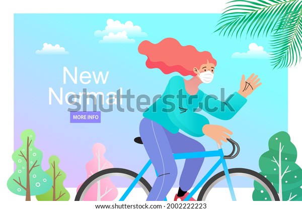 Vector woman Riding A Bike Bicycle Wearing\
Protective Face Mask During Covid-19 Coronavirus Pandemic. people\
doing activity outside during new normal after pandemic covid-19.\
Happy traveling.