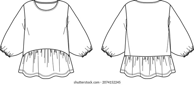 Vector mujer de forma de blusa de cuello redondo CAD, parte superior de manga larga con dibujo técnico de chapa, plano, boceto. Tejidos de Jersey o tejidos con vista frontal, trasera, color blanco