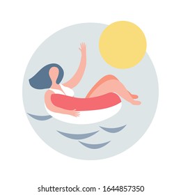 Vector Woman In Rubber Ring At Sea Summer Sunny Day 