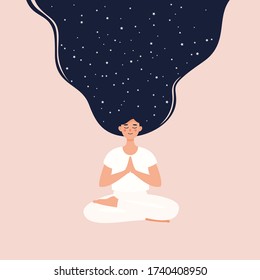 Vector woman with satrry hair  meditating in lotus position