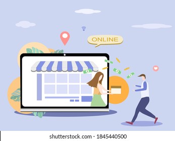 Vector - La mujer envía el paquete de producto al cliente. Sitio web de compras en línea, concepto de comercio electrónico. Fácil de comprar y de pago en moda digital.