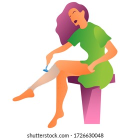 Vector woman shaving hairy legs and razor   gel  Removing hair knees  Girl doing epilation beauty procedure isolated white background  Gradient colors purple pink green  Style minimalistic