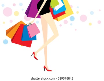 Vector woman with shopping bags on white background