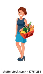 vector woman with shopping basket in supermarket