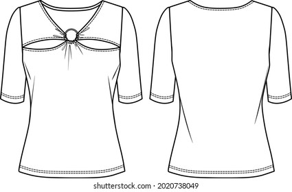 Vector woman short sleeved t-shirt technical drawing, blouse with round accessory and cut out detail fashion CAD, sketch, flat. Jersey or woven fabric top with front, back view, white color