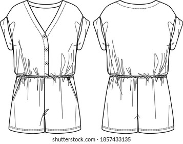 Vector woman short technical drawing, woman overall CAD, flat, trendy women clothes vector sketch, women overalls, romper template, flat, sketch, mockup. Jersey or woven fabric jumpsuit, white color