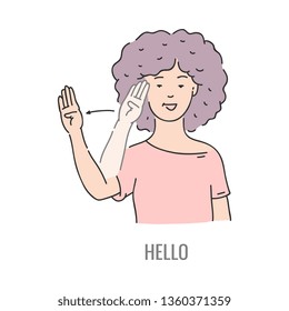 Vector woman showing hello deaf-mute sign language symbol. Smiling sketch female character and hand communication greeting sign. Different social communication, basic word