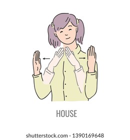 Vector woman showing house deaf-mute sign language symbol. Smiling sketch female character and hand communication sign. Different social communication, basic word