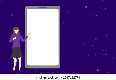Vector - Woman showing information on empty screen smartphone. Can be use for advertising, banner, poster, web. Business, marketing, technology concept. Copy space.