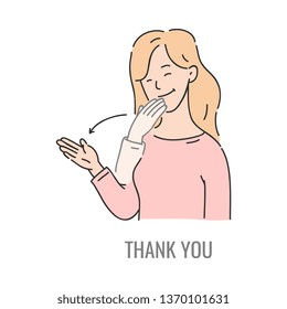 Vector woman showing thank you deaf-mute sign language symbol. Smiling sketch female character and hand communication sign. Different social communication, basic word