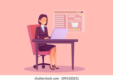 Vector of a woman sitting at desk making online order and writing a product review 