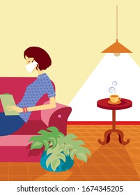 
Vector a una mujer sentada en el sofá leyendo un libro y usando una máscara quirúrgica en su cara, contra el coronavirus