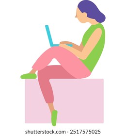 Vector woman sitting using laptop icon isolated
