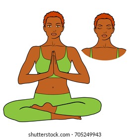 Vector woman  sitting in yoga pose and meditating. Illustration of african girl doing yoga meditation workout isolated on white background. 