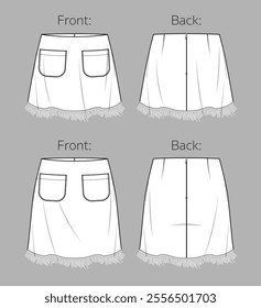 Vector woman skirt with fringe trim technical drawing, skirt fashion CAD  with front pockets, mini skirt sketch, template, flat. Jersey or woven fabric short skirt with front, back view, white color