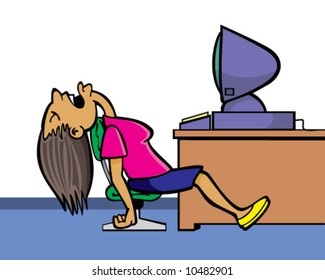 vector of woman sleeping in office near computer, bored by online training course or too much e-mail