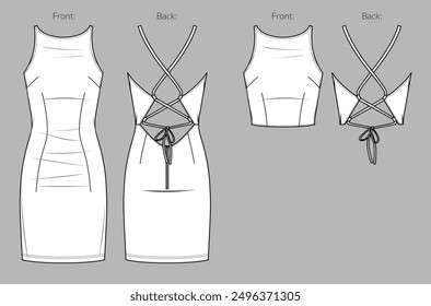 Vestido de fiesta sin mangas de mujer de Vector con cuello halter fashion CAD, camiseta sin mangas con tirantes cruzados, dibujo técnico, Plantilla, plano, boceto. Jersey o vestido de tela tejida con vista frontal, trasera, color blanco