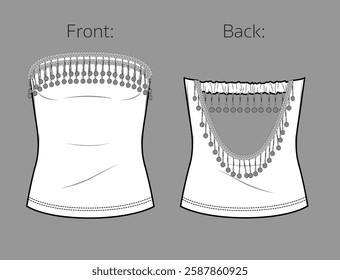 Vector woman sleeveless top with decorative bead trim and opened back fashion CAD, strapless body con dress technical drawing, template, flat, sketch.Slim fit corset with front, back view, white color