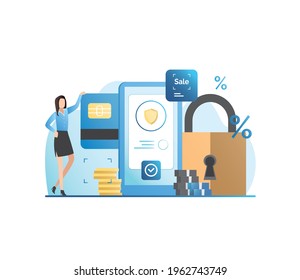 Vector woman with smartphone, credit card. Protection of data, electronic money, coins on Internet under lock, shield. Girl pays online with debit card for purchases, orders. Successful transaction.