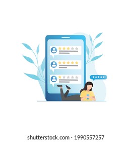 Vector woman in smartphone gives five stars for services, writes comments, reviews, opinions about quality on Internet on website. Client recommends girl in online rating, list.