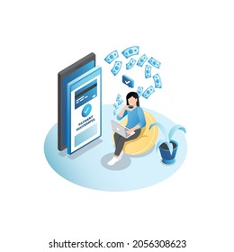 Vector woman in smartphone successfully paid with debit, credit card for purchases on Internet. Contactless cash payments in isometric view. Internet banking.