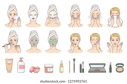 Vector woman stages of applying facial mask and cleaning wace after make-up set. Face skin treatment, therapy and accessories collection. Young woman with towel and spa salon. Cosmetic skincare