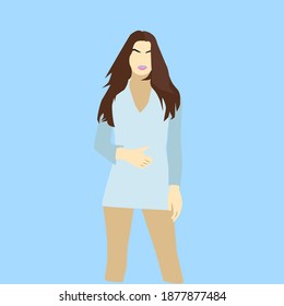Vector of woman standing with blue shirt portrait illustration girl with stylish outfit, model beautiful woman long hair, flat design character trendy outfit, simple color cartoon pose of people