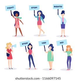 Vector woman standing holding megaphone loudspeaker, protest placards set. Young female character striking for women and feminism rights. African, caucasian girls on demonstration meeting illustration