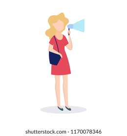 Vector woman standing holding megaphone loudspeaker. Young female character striking for women and feminism rights. Brunette girl on demonstration meeting. Isolated illustration