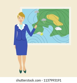 Vector of woman standing near map.Weather forecast
