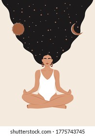 Vector woman with starry hair, sun and moon meditating in lotus position