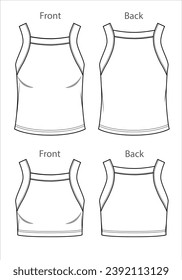 Vector woman strapless blouse sketch, sleeveless T-Shirt fashion CAD, summer crop tank top technical sketch, female flat, template.Jersey or rib fabric 2 pcs set tee with front, back view, white color