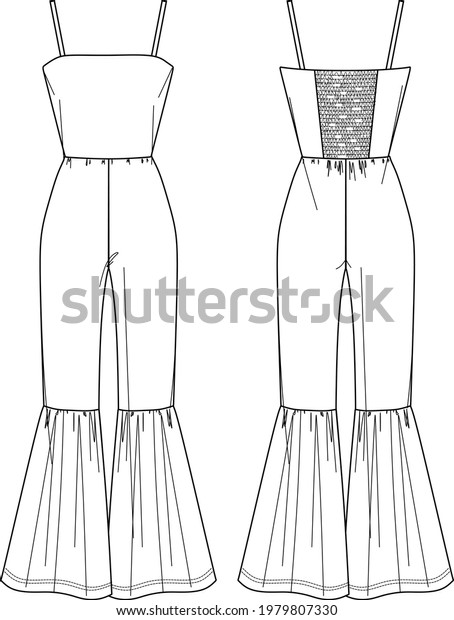 Vector woman strapless jumpsuit technical drawing,\
sleeveless jersey jumpsuit with smock detail fashion CAD, flared\
legs jumpsuit template, flat, sketch. Jersey or woven fabric\
jumpsuit, white color