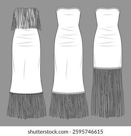 Vector woman strapless maxi dress fashion CAD, sleeveless mini dress with fringe technical drawing, template, flat, sketch.Jersey or crochet fabric slim fit dress set with front view, white color