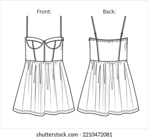 Vector woman summer corset dress fashion CAD, mini dress with shoulder straps technical drawing, template, flat, sketch. Jersey or woven fabric dress in color with front, back view, white color