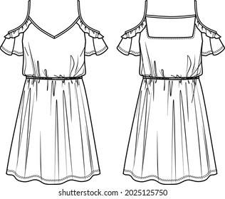 Vector woman summer dress fashion CAD, off shoulder dress with shoulder straps technical drawing, template, flat, sketch. Jersey or woven fabric dress with front, back view, white color
