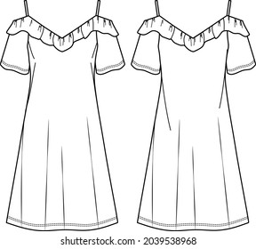 Vector woman summer dress fashion CAD, dress with shoulder straps technical drawing, template, flat, sketch. Jersey or woven fabric dress with front, back view, white color