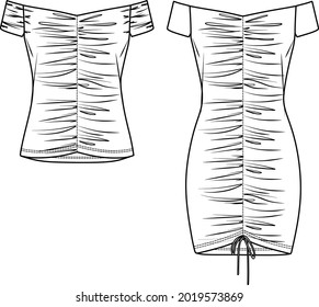Vector woman summer dress with gathered front and sleeves fashion CAD, off shoulder dress technical drawing, template, flat, sketch. Jersey or woven fabric dress with front, back view, white color