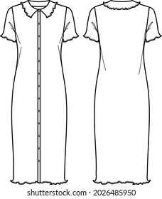 Vector woman summer midi dress fashion CAD, polo neck and short sleeved long dress with button technical drawing, template, flat, sketch. Jersey or woven fabric dress with front, back view,white color