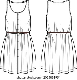 Vector woman summer round neck dress fashion CAD, sleeveless mini dress with belt and buttons technical drawing, template, flat, sketch. Jersey or woven fabric dress with front, back view,white color
