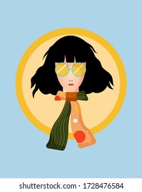 vector woman with sunglasses on yellow circle background and wearing trendy scarf