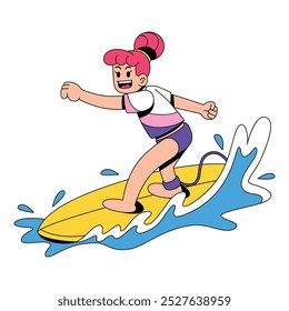 Vector Woman Surfing In Sea Cartoon Illustration Isolated