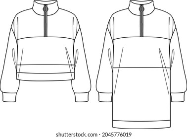 Vector woman sweatshirt fashion CAD, long sleeved hooded sweatshirt technical drawing, template, sketch, flat. Fleece or woven fabric sweatshirt with front, back view, white color