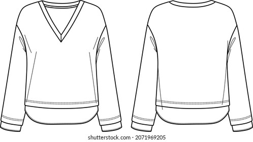 Vektor Frau Sweatshirt Mode CAD, lange Ärmel V-Nacken oberste technische Zeichnung, Vorlage, Skizze, flach, Mock-up. Fleece- oder Geweben-Pulshirt mit Vorder-, Rückseite, weißer Farbe