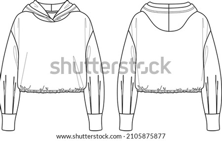 Vector woman sweatshirt with gathered hem fashion CAD, long sleeved hoodie with pile details technical drawing, template, sketch, flat. Fleece or woven fabric hoody with front, back view, white color