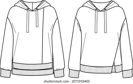 Vector woman sweatshirt with slit fashion CAD, long sleeved hooded sweatshirt technical drawing, template, sketch, flat. Fleece or woven fabric sweatshirt with front, back view, white color