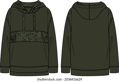 Vektor Frau Sweatshirt mit Samtdetails Mode CAD, lange gehütetes Sweatshirt technische Zeichnung, Vorlage, Skizze, flach. Fleece- oder Geweben-Pulshirt mit Vorder-, Rückseite, weißer Farbe